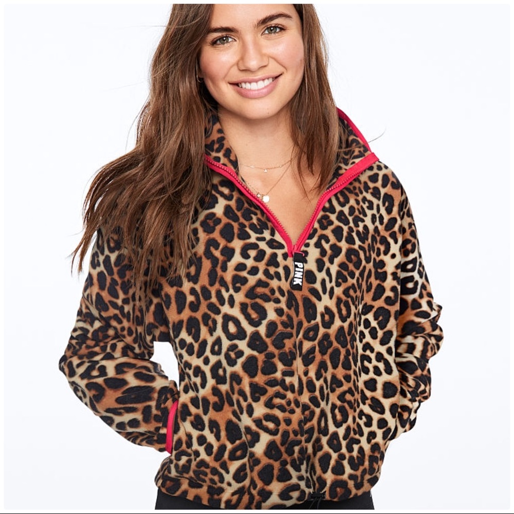 Pink💕 leopard cropped Polar Fleece zip up